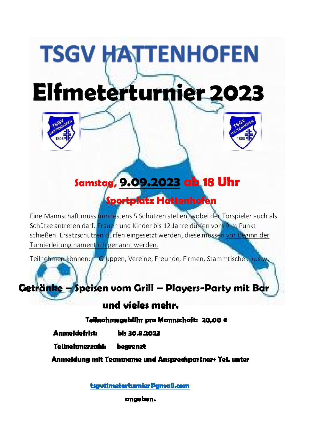 „Elfmeterturnier 2023“    Samstag, 9.09.2023 ab 18 Uhr – Sportplatz Hattenhofen